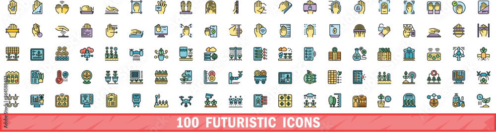 Wall mural 100 futuristic icons set. Color line set of futuristic vector icons thin line color flat on white - Wall murals