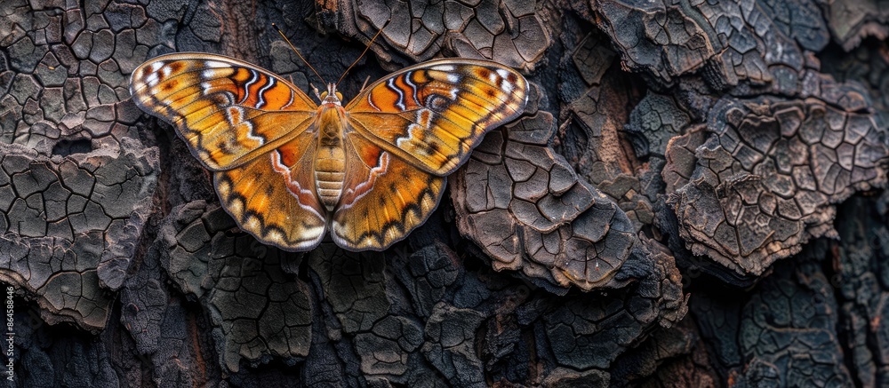 Poster an anartia jatrophae butterfly resting on tree bark with copy space image.