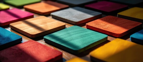 Colorful coasters arranged on a table under sunlight, including red, pink, orange, green, blue, and gray mats, creating an appealing copy space image.