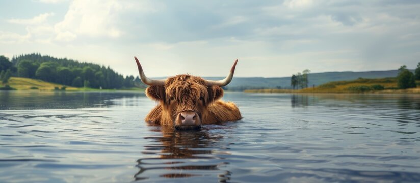 A picturesque scene of a robust Scottish Highlander cow enjoying a lake bath in summer, set against a tranquil backdrop with a copy space image.
