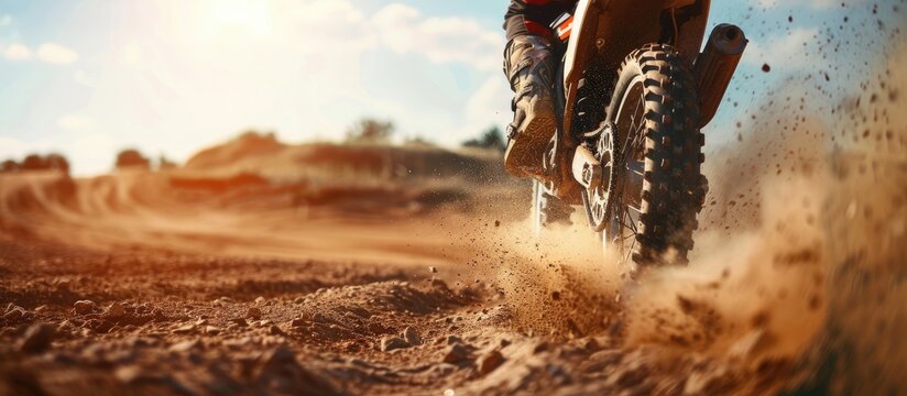 A motocross bike with a skid-resistant tire rides on a sandy track with a rear view, ideal for a copy space image.