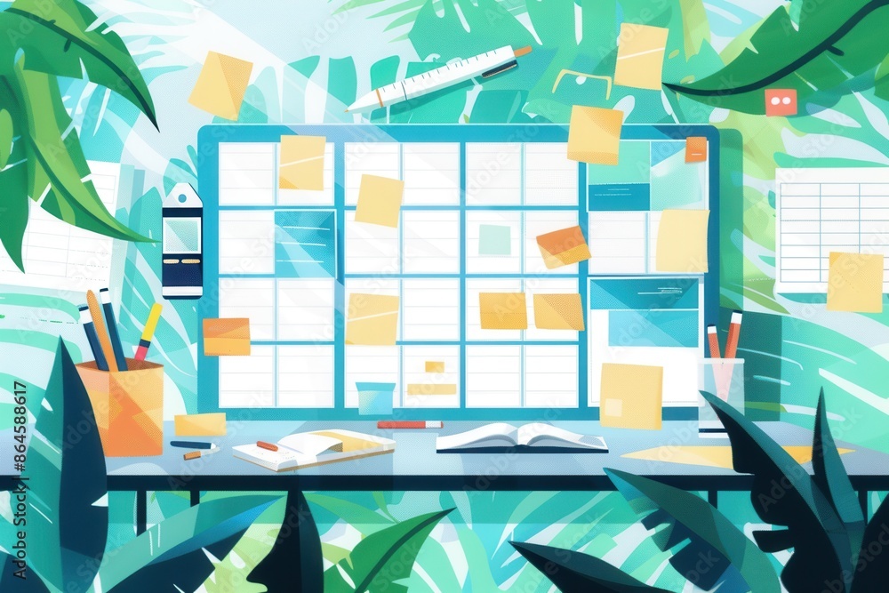 Poster a digital illustration depicting a home office workspace with various network devices connected by a