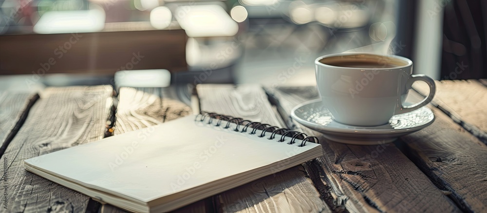 Poster notepad and a cup of coffee are placed on the table, creating a cozy scene with a blank copy space i