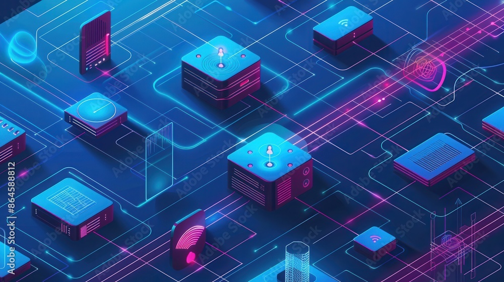 Aufkleber A digital illustration depicting various network devices like routers, modems, and smart home gadgets connected by abstract lines representing data flow. Generative AI