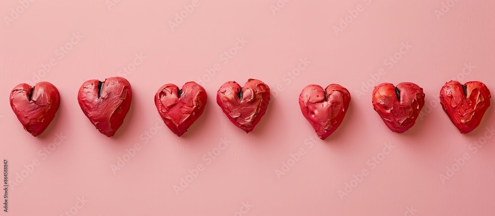Poster red heart-shaped objects crafted from modeling clay are arranged in a line on a soft pink backdrop, 