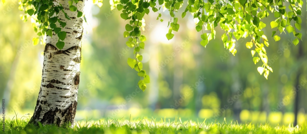 Poster spring scene in the park featuring a birch tree trunk, branches, and leaves creating a peaceful natu
