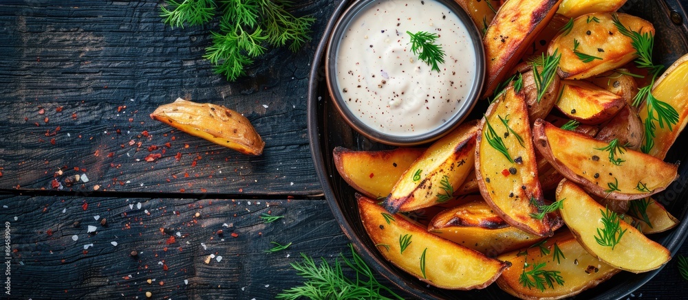 Poster top view of country-style potato wedges with herbs and sauce, in a panoramic photograph with empty s