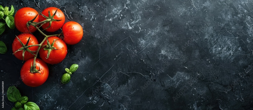 Poster tomatoes for cooking displayed on a black desk with copy space image.