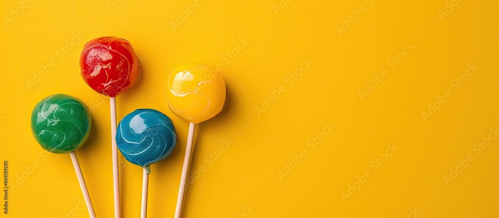 Poster bright lollipops on sticks against a yellow backdrop in a flat lay composition with blank space for 