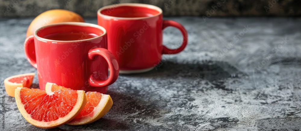 Poster close-up view of bright red mugs with sliced grapefruit on a gray concrete backdrop, offering ample 