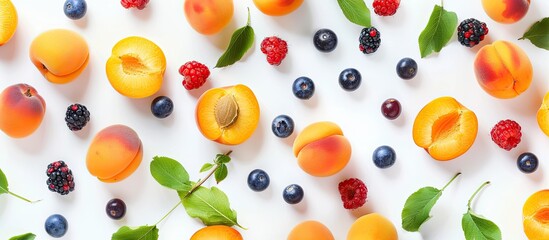 Fresh ripe apricots with leaves isolated on a white background, offering a copy space image for text, amidst an array of vibrant summer berries.