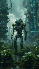 In a futuristic scene, a towering robot stands amidst lush greenery, blending advanced technology with nature. The robot is adorned with foliage, set against a backdrop of misty, eco-integrated skyscr