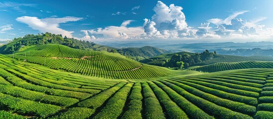 A stunning aerial view of tea garden rows set against a backdrop of a blue sky and clouds, ideal for tea product backgrounds with available copy space image.