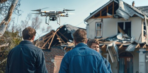 Two Caucasian men observe a flying drone near a damaged house with collapsed roof and debris.