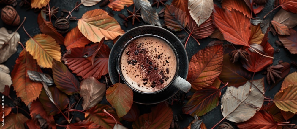 Poster an autumn-themed top-down view of a hot cocoa cup surrounded by leaves, creating an abstract still l
