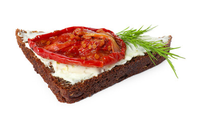Delicious bruschetta with ricotta cheese, sun dried tomato and dill isolated on white