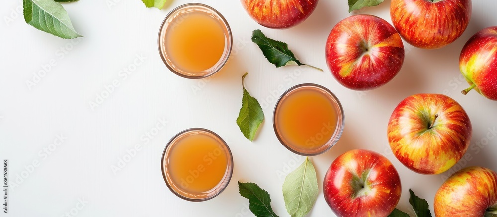 Poster top view of fresh apple cider on a white background with space for text or images in the frame. copy