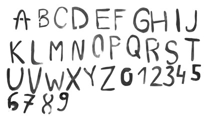 Alphabet written by grey spray paint isolated on white, top view
