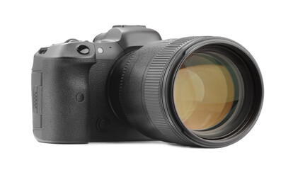 Fototapeta premium Modern camera isolated on white. Photographer's equipment