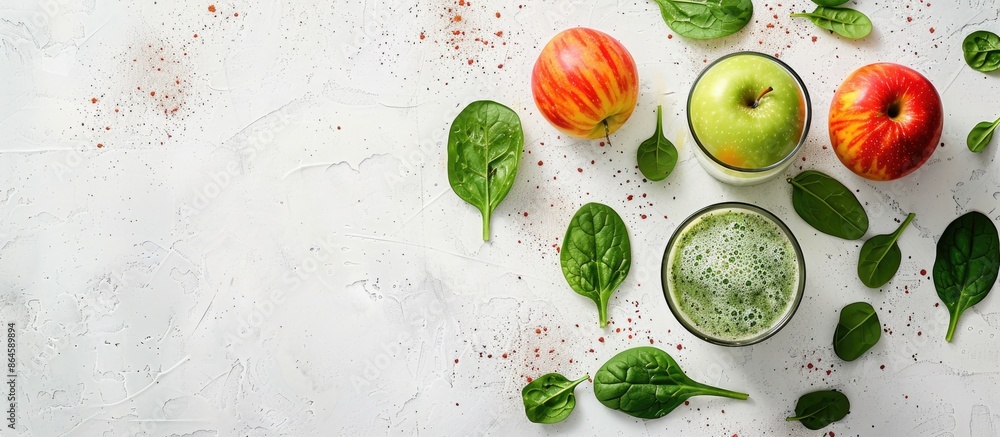 Poster smoothie with apple and spinach on a white textured backdrop, suitable for a copy space image.