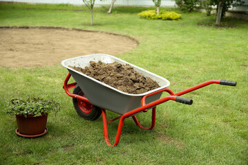 Wheelbarrow with soil on green grass outdoors