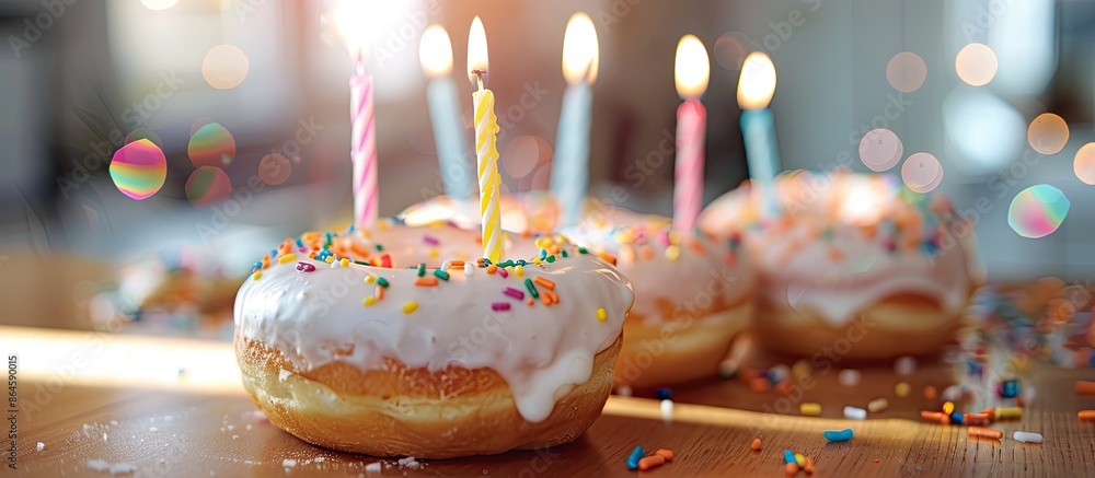 Aufkleber donuts with icing and candles on a table with a bright, copy space image in the background.