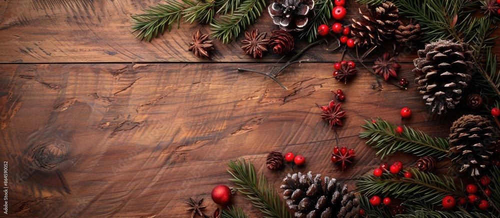 Poster rustic christmas backdrop with stylish elements and copy space image.