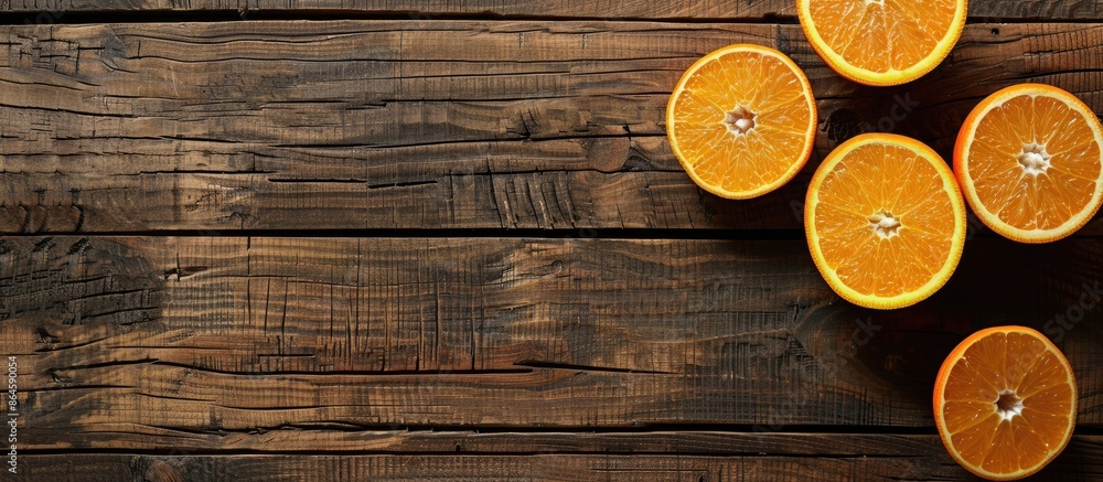 Poster orange fruit displayed on a wooden table with available copy space image.