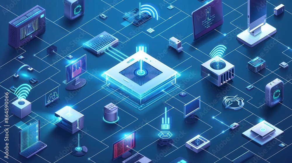 Aufkleber a digital illustration depicting various network devices and smart home gadgets connected by abstrac