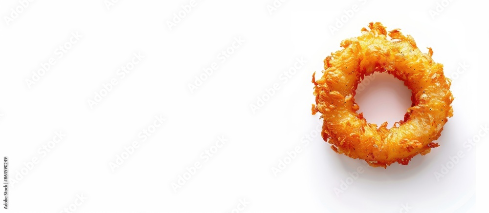 Poster a crispy onion ring fried and placed on a clean white backdrop showcasing ample copy space for addit