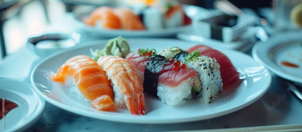 Poster A plate showcasing a variety of sushi and chopsticks elegantly set on a table with ample copy space image.