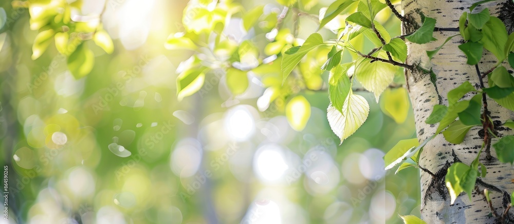 Poster spring scene in the park featuring a birch tree trunk, branches, and leaves creating a peaceful natu