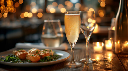 A glass of champagne and two plates with food on a wooden table.