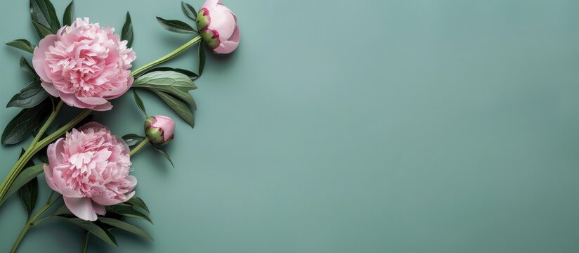 Peony flowers on olive green blank card with copy space for greeting or invitation. Creative mockup for weddings, birthdays, or celebrations.