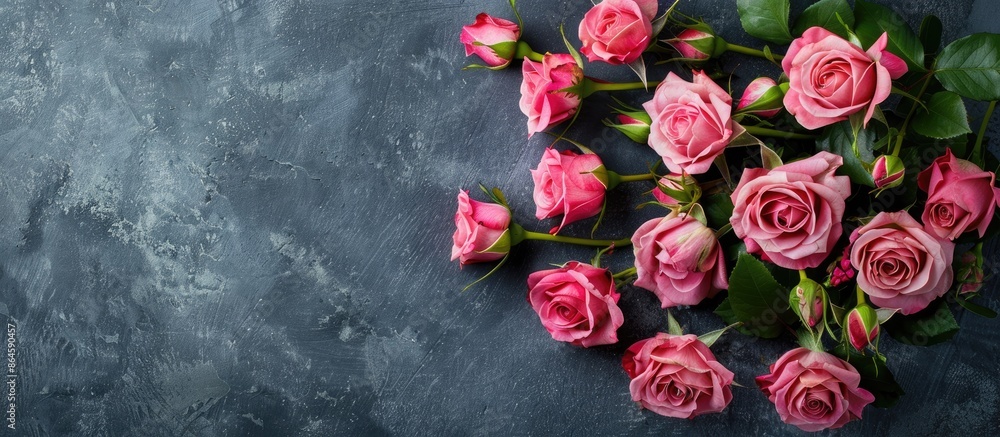 Wall mural Grey background with a bouquet of small roses, providing copy space image.