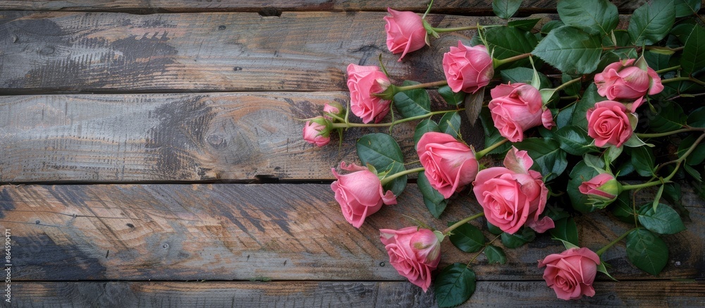 Poster pink roses arranged beautifully on a rustic wooden table with ample copy space image for text or des