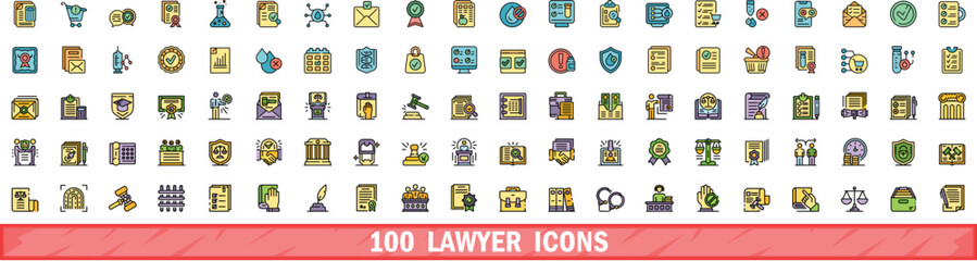 100 lawyer icons set. Color line set of lawyer vector icons thin line color flat on white
