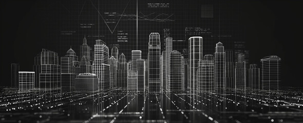 3D wireframe of a city skyline in the style of a hologram with data visualization on a black background