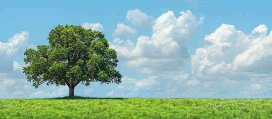 Obraz premium A single large oak tree set against a backdrop of blue sky and lush green grass on a sunny day, creating a serene landscape with ample copy space image for a banner.