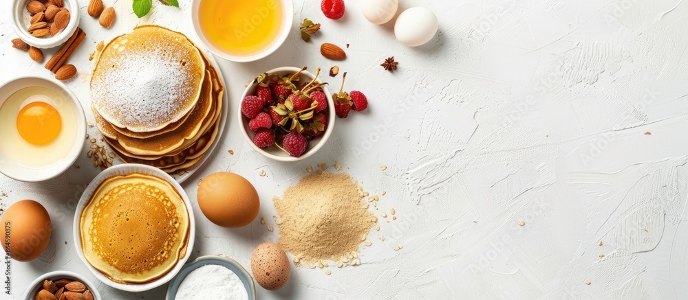 Aufkleber ingredients for making a pancake being cooked in a top view style on a white background with copy sp