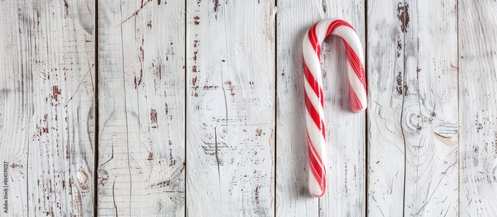 Poster festive candy cane on a white wooden backdrop creating a charming setting for a copy space image.