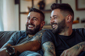 Fototapeta premium Happy gay couple relaxing at home. Two men laughing together on a comfortable couch, expressing joy and companionship. Ideal for lifestyle, relationship, and inclusivity themes.