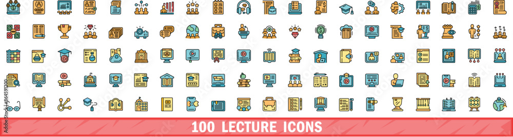 Poster 100 lecture icons set. color line set of lecture vector icons thin line color flat on white