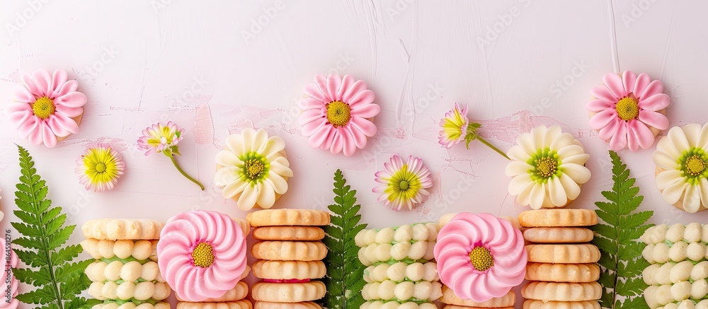 Poster spring or easter themed butter cookies arranged in a stack surrounded by pink and green colors again