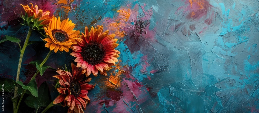 Aufkleber sunflowers creating a vibrant display on a colored background with copy space image available.