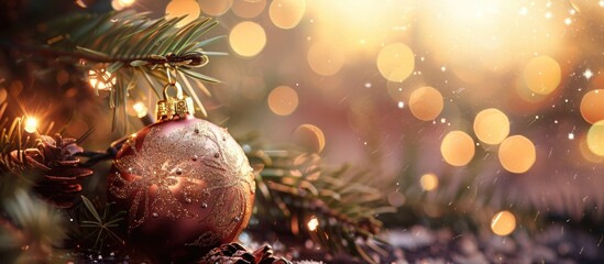 Blurred brown textured background with a close-up Christmas ball decoration, ideal for copy space image.
