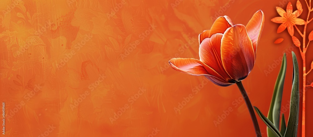 Poster a tulip flower on an orange backdrop, with a floral banner below and space for text on the image. co