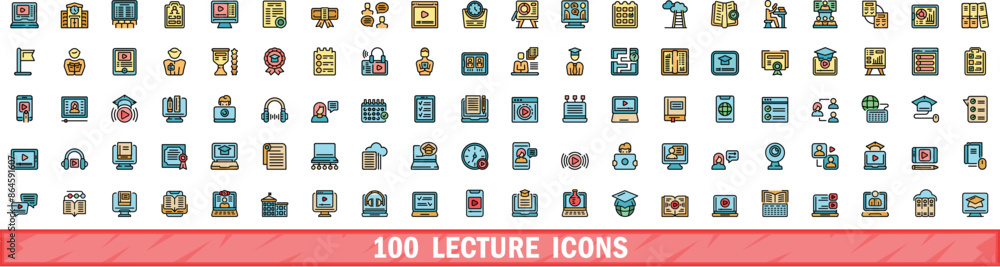 Poster 100 lecture icons set. color line set of lecture vector icons thin line color flat on white