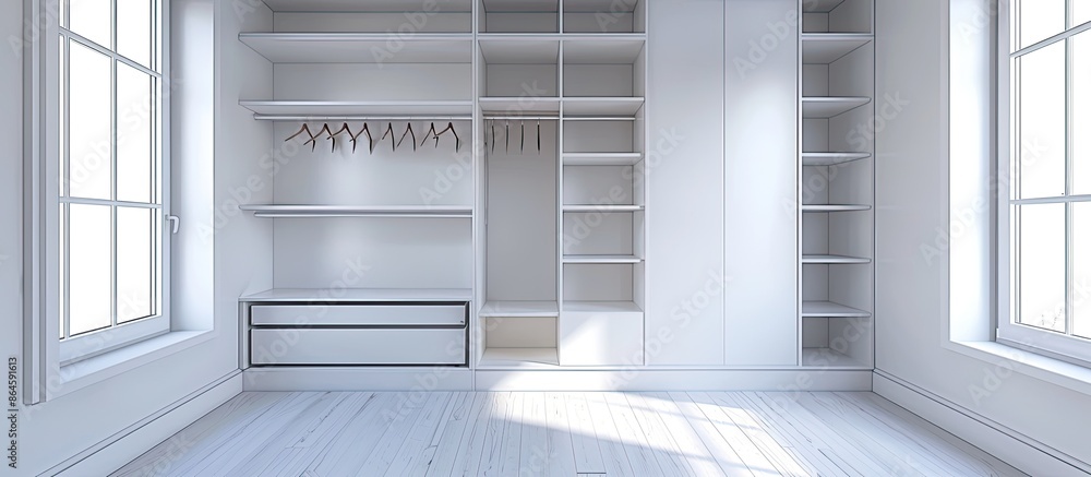 Aufkleber empty new house's wardrobe in dressing room setting on a white backdrop with copy space image.