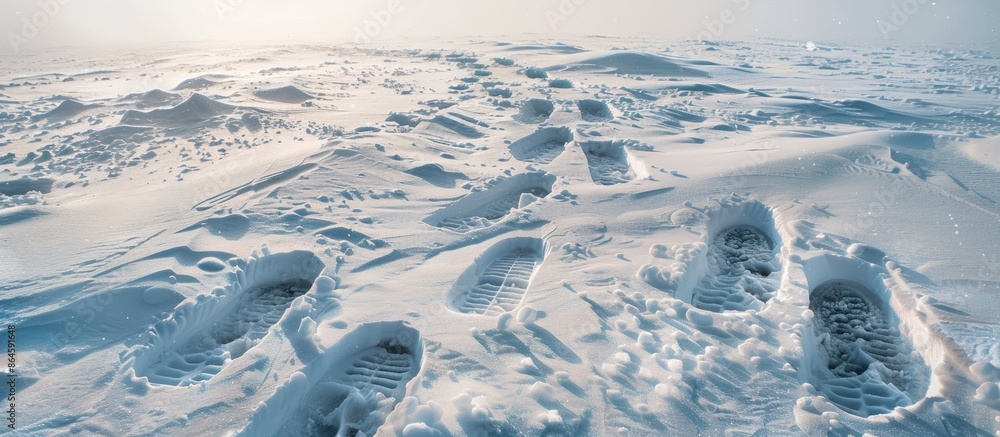 Aufkleber imprints in the snowy landscape display shoe prints with available copy space image.
